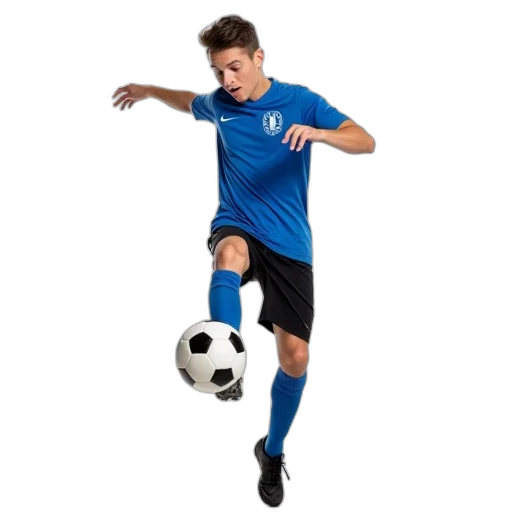 young, man, blue, t-shirt, black, shorts, performing, soccer transparent PNG cut-out