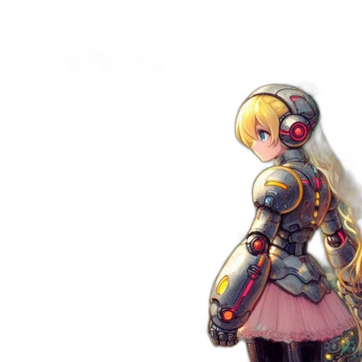robot, dress, weapon, concept art, pixel art, fantasy art, 3d render, dark transparent PNG cut-out