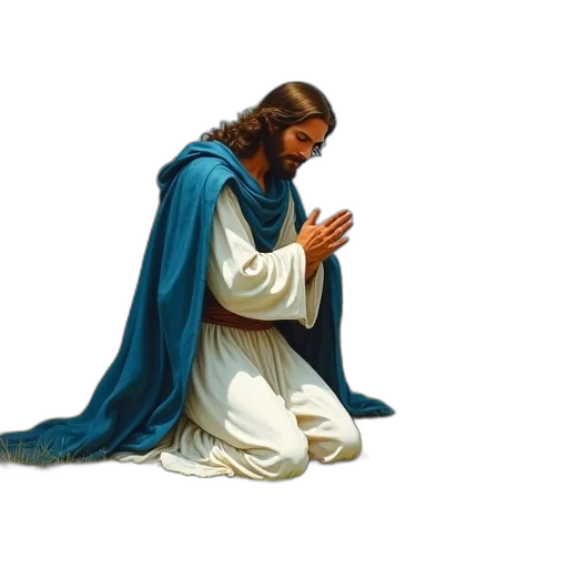 photorealistic, concept art, pixel art, blue, painting, jesus, christ, kneeling transparent PNG cut-out