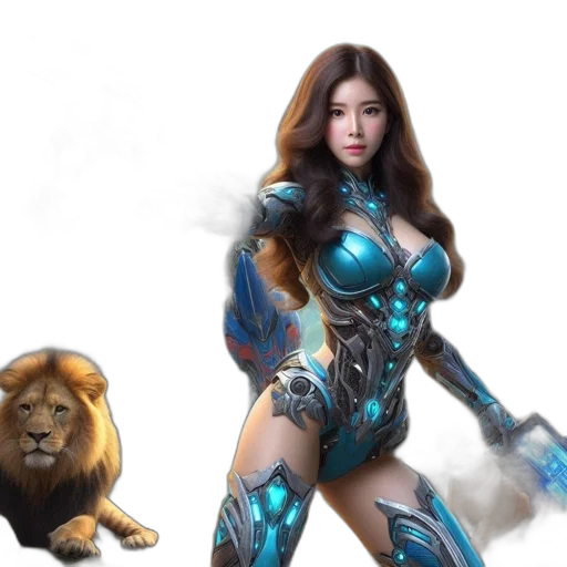fantasy art, concept art, comic book art, 3d render, woman, metallic, blue, armor transparent PNG cut-out