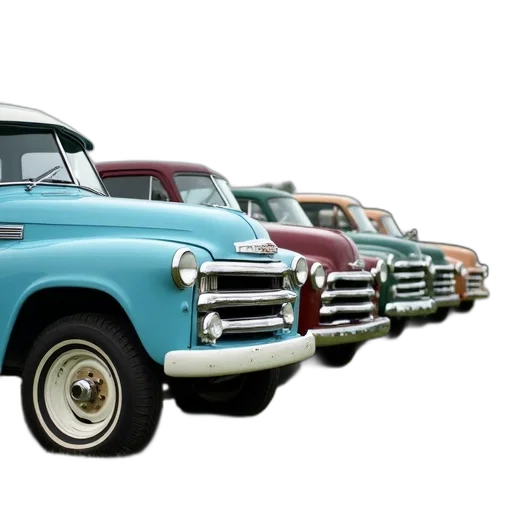 car, photorealistic, 3d render, row, vintage, pickup, trucks, parked transparent PNG cut-out