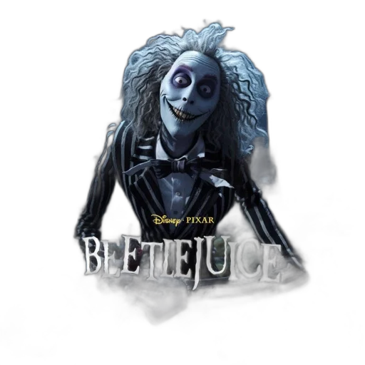 concept art, promotional, poster, beetlejuice, features, spooky, grinning, character transparent PNG cut-out