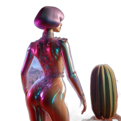 robot, dress, jewelry, cyberpunk, 3d render, concept art, vaporwave, outer space transparent PNG cut-out