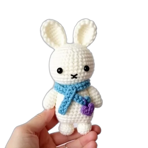 pixel art, white, crochet, rabbit, blue, sash, purple, heart-shaped transparent PNG cut-out
