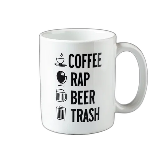white, coffee, mug, black, graphic, design, featuring, text transparent PNG cut-out
