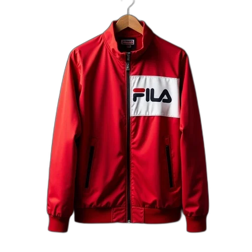 jacket, red, white, stripe, word, fila, embroidered, chest transparent PNG cut-out