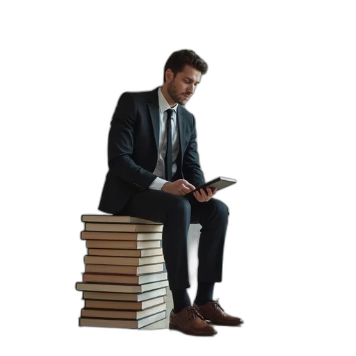 staff, furniture, jacket, businessman, sitting, stack, books, empty transparent PNG cut-out