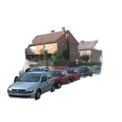 car, building, 3d render, photorealistic, concept art, city street, fog, row transparent PNG cut-out