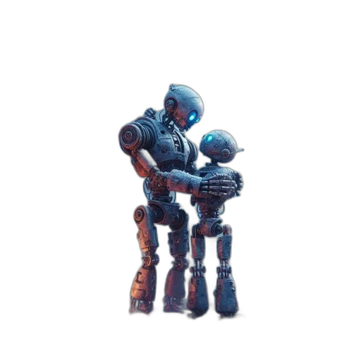 robot, weapon, concept art, pixel art, 3d render, cyberpunk, outer space, blue transparent PNG cut-out