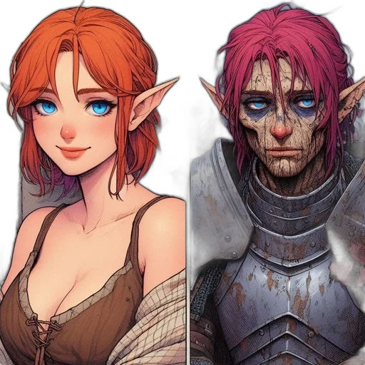 fantasy art, concept art, comic book art, pixel art, red, dark, comparison, between transparent PNG cut-out
