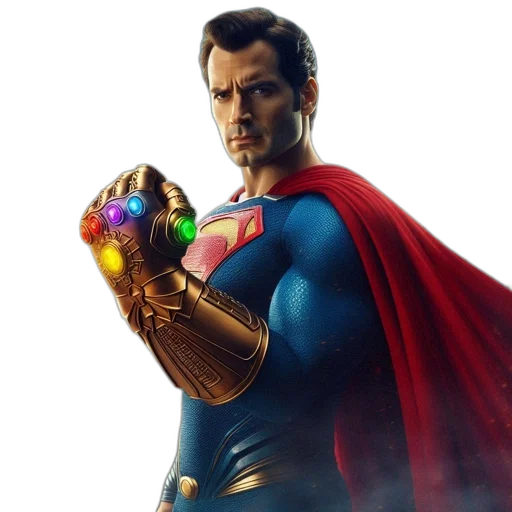 concept art, comic book art, 3d render, photorealistic, superman, thanos, portrayed, dramatic transparent PNG cut-out