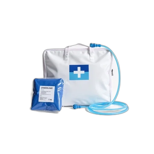white, medical, supply, bag, blue, logo, tube, attached transparent PNG cut-out