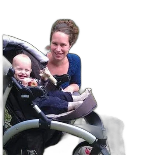 woman, blue, shirt, pushing, baby, stroller, while, holding transparent PNG cut-out