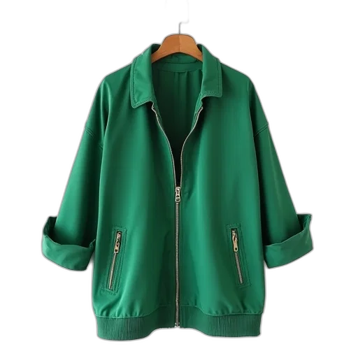 jacket, green, zipper, displayed, against, white, background, has transparent PNG cut-out