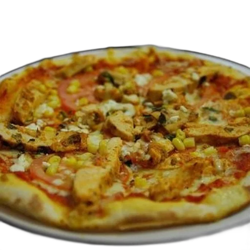 food, 3d render, photorealistic, delicious, pizza, chicken, corn, tomatoes transparent PNG cut-out
