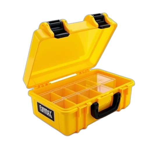 yellow, plastic, toolbox, black, handle, latch, open, revealing transparent PNG cut-out