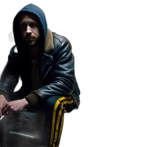 jacket, neon lights, inside, dimly, lit, room, man, black transparent PNG cut-out
