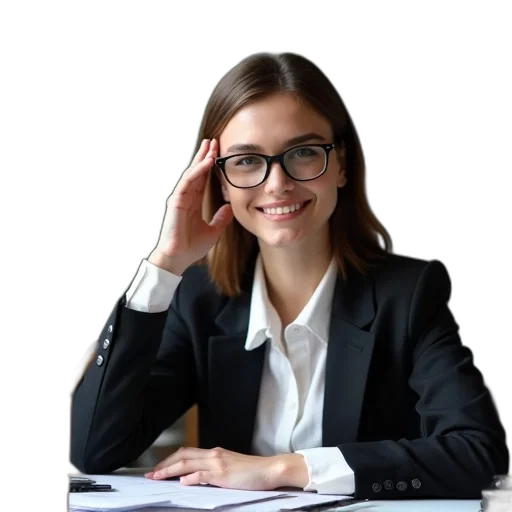 staff, face, jacket, jewelry, photorealistic, cartoon, woman, glasses transparent PNG cut-out