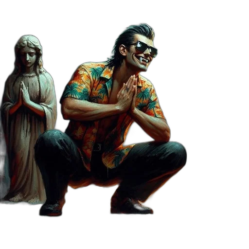 concept art, pixel art, vaporwave, cyberpunk, man, sunglasses, tropical, shirt transparent PNG cut-out