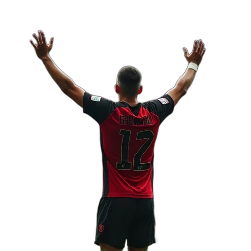 soccer, player, red, black, jersey, celebrating, goal, his transparent PNG cut-out