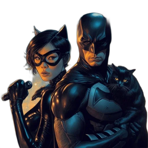 comic book art, concept art, batman, catwoman, stand, together, dark, urban transparent PNG cut-out
