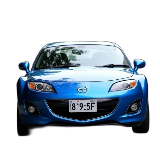 car, 3d render, photorealistic, blue, mazda, parked, street, license transparent PNG cut-out
