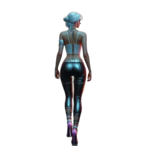 robot, dress, staff, cyberpunk, concept art, 3d render, pixel art, neon lights transparent PNG cut-out