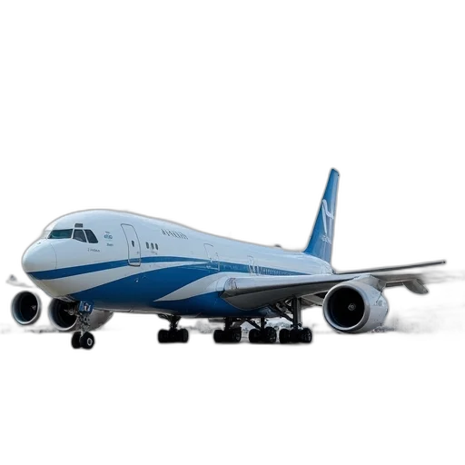 photorealistic, 3d render, large, blue, white, airplane, parked, tarmac transparent PNG cut-out