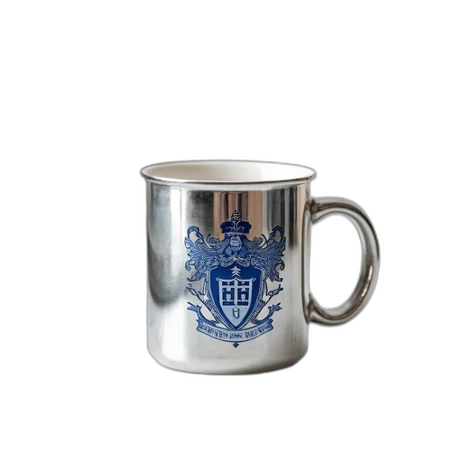 crown, silver, coffee, mug, blue, white, crest, design transparent PNG cut-out
