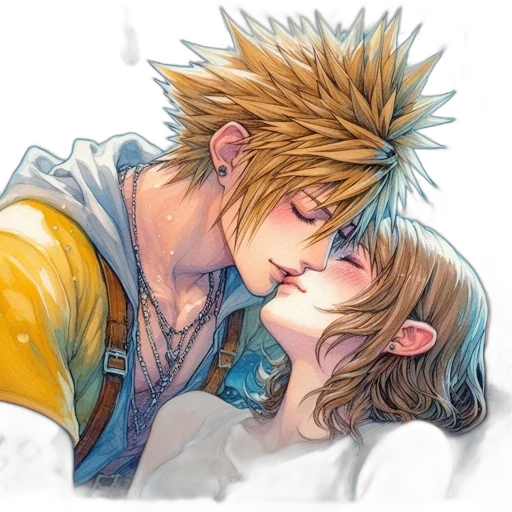 watercolor, anime, photorealistic, fantasy art, golden, two, animated, characters transparent PNG cut-out