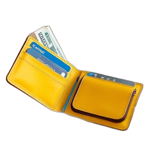 yellow, leather, wallet, card, slot, coin, purse, placed transparent PNG cut-out