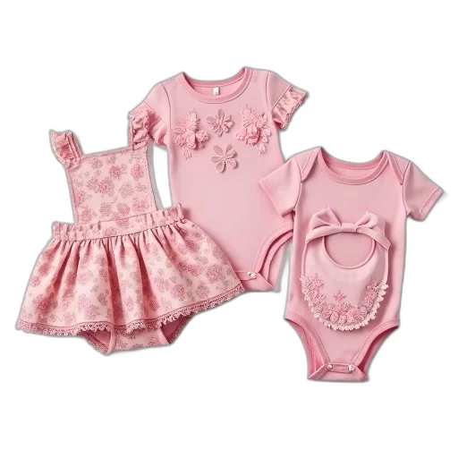 collection, three, pink, baby, outfits, floral, patterns, lace transparent PNG cut-out