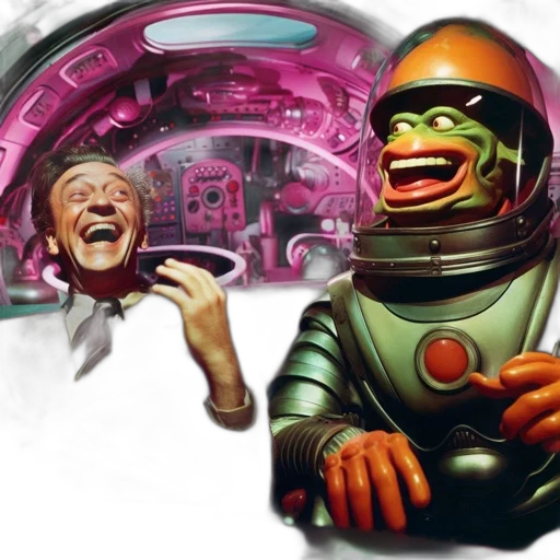 robot, concept art, comic book art, outer space, underwater, two, characters, inhabit transparent PNG cut-out