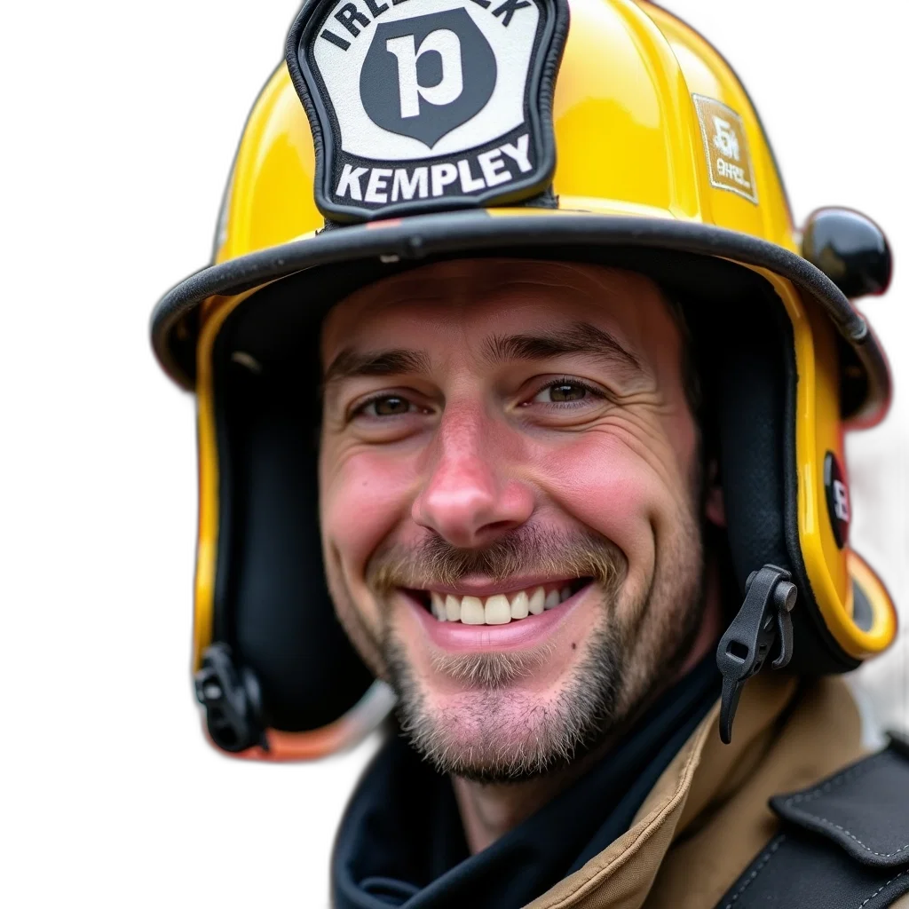 staff, firefighter, full, gear, smiling, camera, wearing, yellow transparent PNG cut-out
