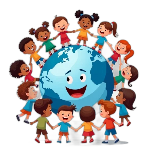 cartoon, colorful, illustration, group, children, holding, hands, around transparent PNG cut-out