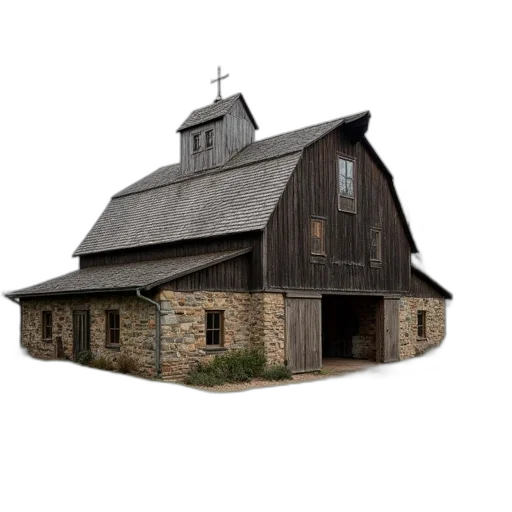 building, 3d render, photorealistic, concept art, barn, stone, foundation, top transparent PNG cut-out