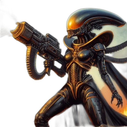 robot, weapon, creature, concept art, fantasy art, 3d render, comic book art, outer space transparent PNG cut-out