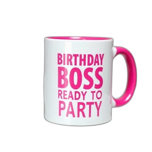 white, mug, pink, rim, design, reads, birthday, boss transparent PNG cut-out