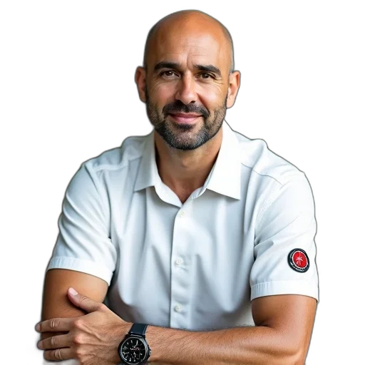 staff, jacket, man, bald, head, sitting, chair, wearing transparent PNG cut-out