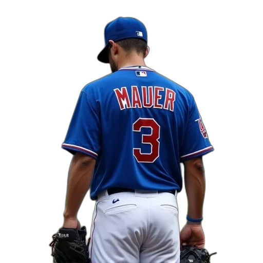 baseball, player, blue, uniform, name, mauer, back, standing transparent PNG cut-out