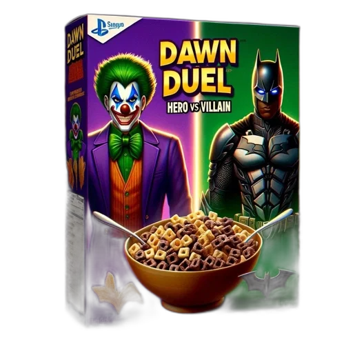 comic book art, concept art, batman, joker, adorn, cereal, box, titled transparent PNG cut-out