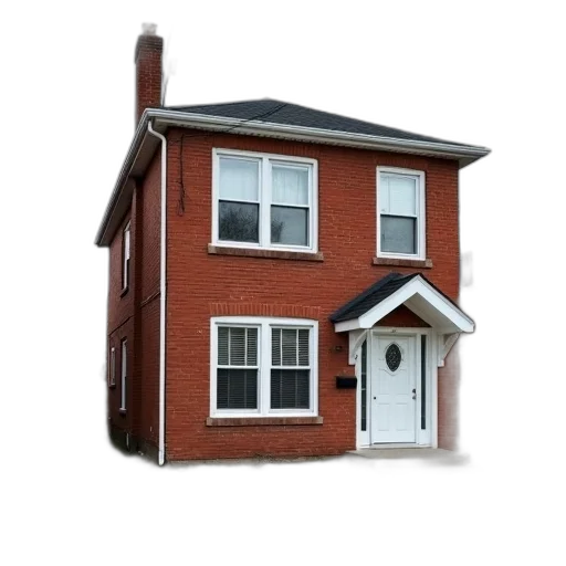 building, furniture, 3d render, photorealistic, two-story, brick, house, white transparent PNG cut-out