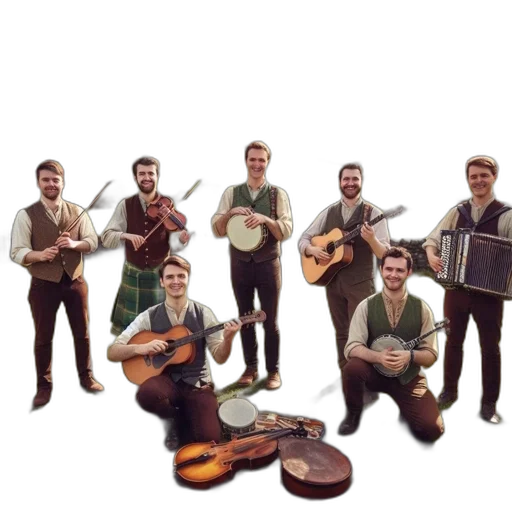 staff, concept art, seven, men, traditional, clothing, hold, musical transparent PNG cut-out