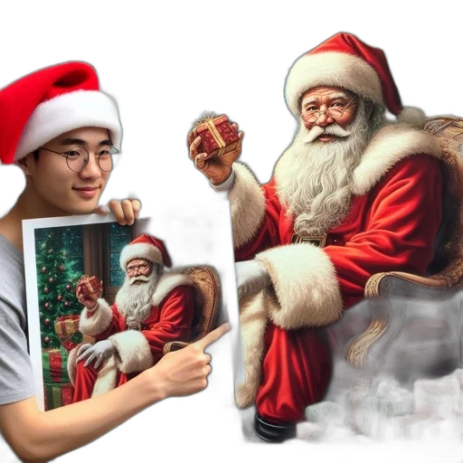 photorealistic, concept art, oil painting, pixel art, young, man, glasses, santa transparent PNG cut-out