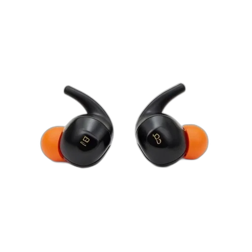 pair, black, wireless, earbuds, orange, tips, displayed, against transparent PNG cut-out