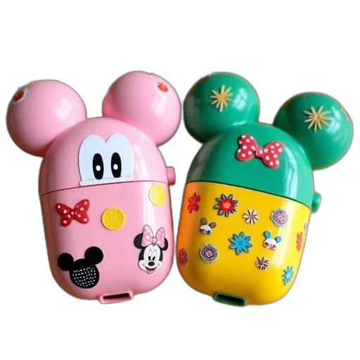 3d render, photorealistic, two, colorful, plastic, mickey, mouse-shaped, cases transparent PNG cut-out