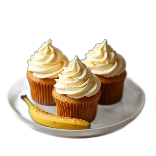 food, photorealistic, plate, three, cupcakes, each, topped, swirl transparent PNG cut-out