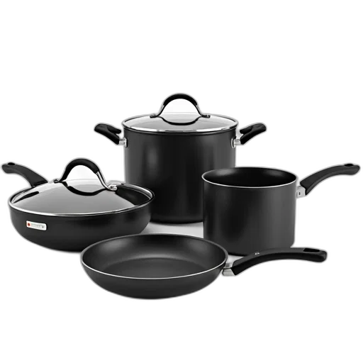 set, black, stainless, steel, pots, pans, displayed, white transparent PNG cut-out