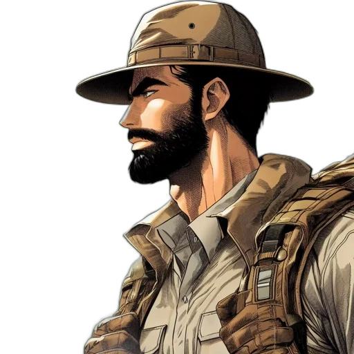 hat, concept art, comic book art, photorealistic, cartoon, earth tones, adventurous, man transparent PNG cut-out