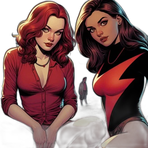 comic book art, concept art, fire, red, two, female, characters, matching transparent PNG cut-out